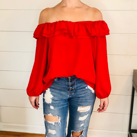 J. Crew Tops - *SOLD* J. Crew Off the Shoulder Ruffle Red Blouse